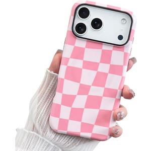 for iPhone 17 Pro Case Pink White Checkered Plaid Pattern | Cute Shockproof Soft TPU and Hard PC Protective Phone Case [Compatible with Magsafe] for Girls Women