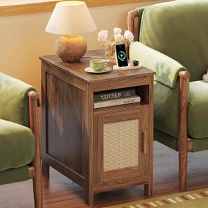 Huuger Narrow Night Stand, End Table with Charging Station, USB-C Port, Rattan Side Table with Cabinet and Open Shelf, Synthetic Rattan, for Small Spaces, Bedroom, Walnut