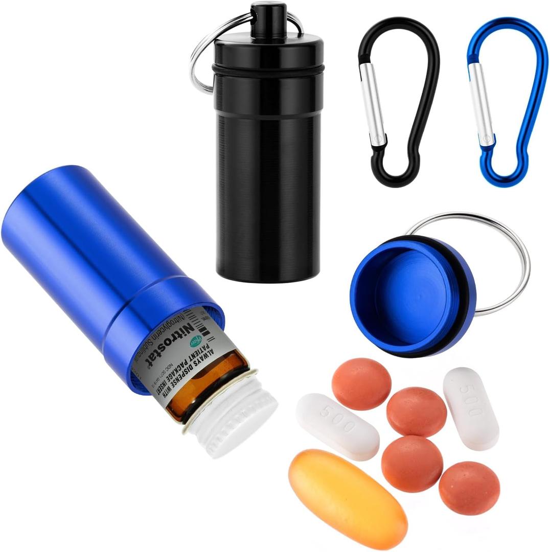 Keychain Pill Holder for Nitroglycerin, 2 Pack Waterproof Portable Travel Purse Pocket Pill Case, Keychain Mini Fob Container for 25ct Nitro/Nitroglycerin Bottle (Black + Blue)