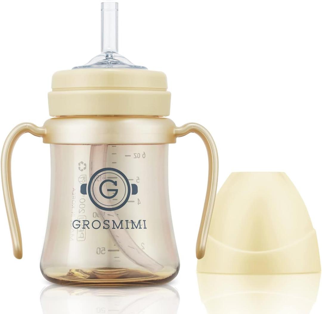 GROSMIMI Spill Proof no Spill Magic Sippy Cup with Straw with Handle for Baby and Toddlers, Customizable, PPSU, BPA Free 6 oz (Butter) (Black, L)
