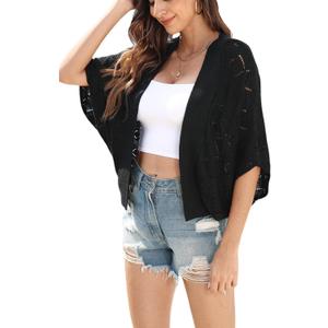 Women 2026 Batwing Hollow Out Open Front Summer Lightweight Sweater Crochet Cardigan M