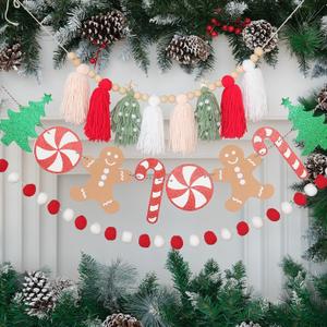 Christmas Tassel Garland Banner with Pom Pom Garlands Christmas Candy Tree Cane Banner for Wall Hanging Home Decor (Pink Red Green White)