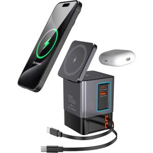 Electmagic 105W Charging Station–MagSafe Compatible,6in1 Charging Dock,Gan Retractable Charger with Dual 65W Cables,USBC Fast Charging for iPhone, AirPods,Tablets.