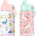 Fimibuke Kids Insulated Water Bottle, 14oz BPA FREE Double Wall Vacuum Tumbler 18/8 Stainless Steel Leak Proof Kids Cups with Straw Metal Bottle for School Boy Girl (2 Pack, UNICORN/WHITE DINOSAUR)