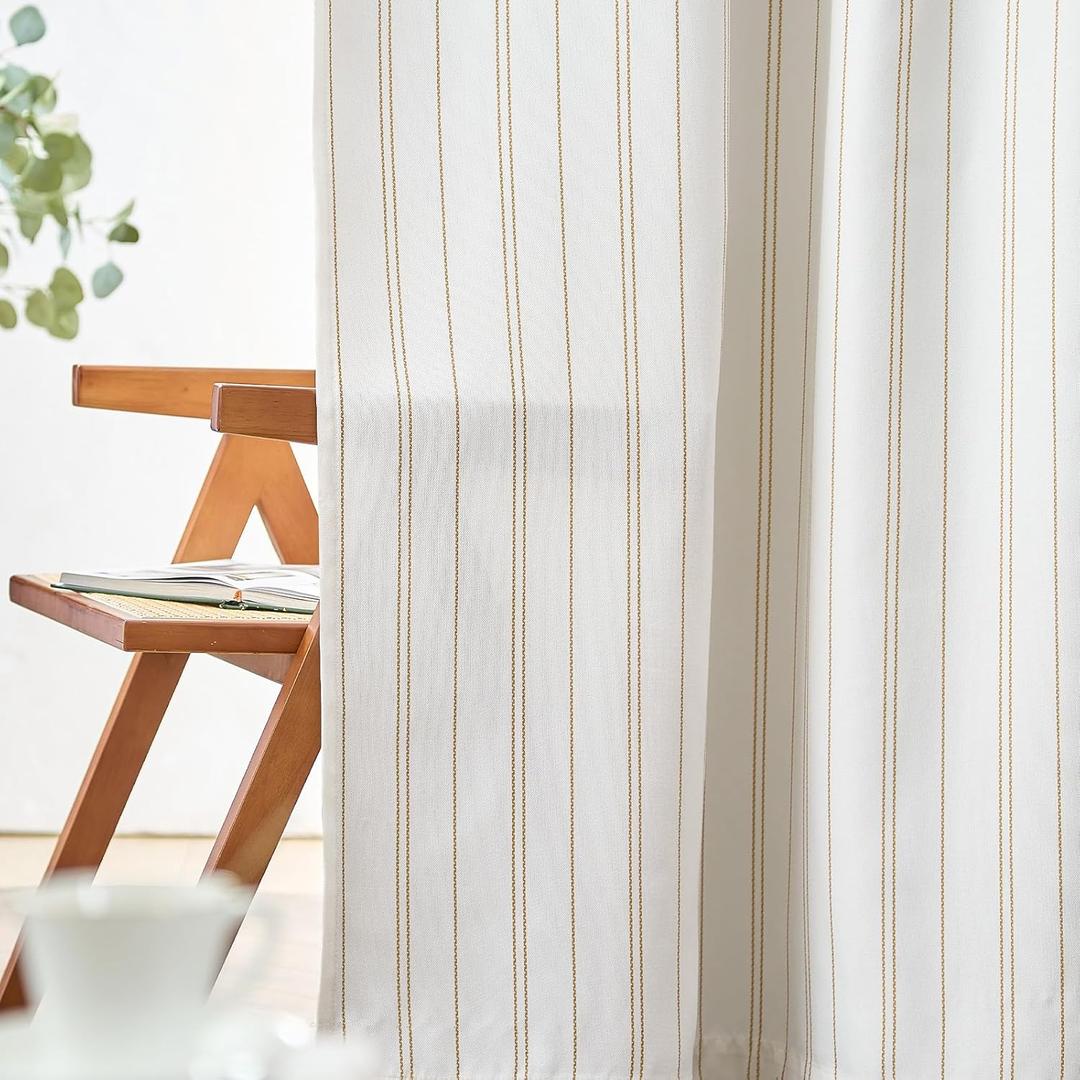 Jinchan White Curtains Yellow Striped Curtains 84 Inch Length for Living Room Bedroom Window Treatment Modern Linen Look Pinstripe Light Filtering Privacy Back Tab Rod Pocket 2 Panels Set