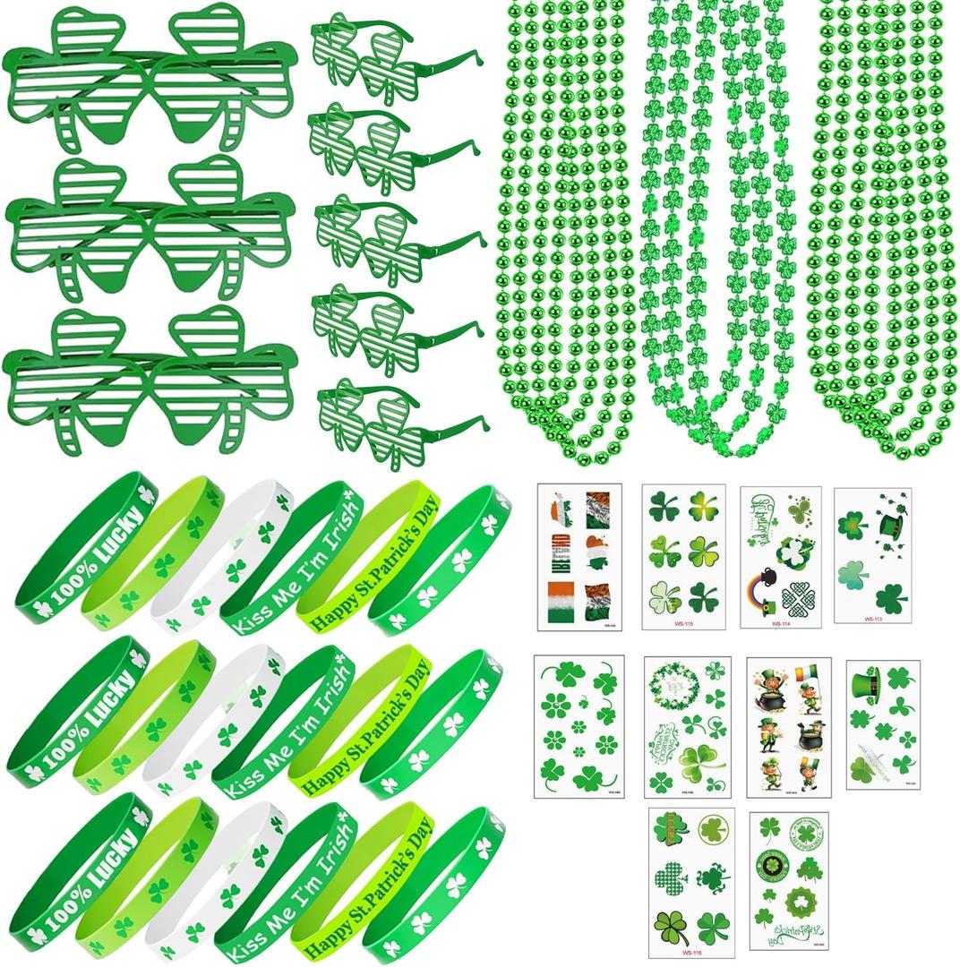 2 x 150PCS St Patricks Day Accessories, St. Patrick's Day Glasses Bracelets Tattoos Beads, Shamrock Saint Patricks Parade Throw, Irish Glasses Bracelets Tattoos Beads Stuff Bulk, Party Favor Decorations (Green)