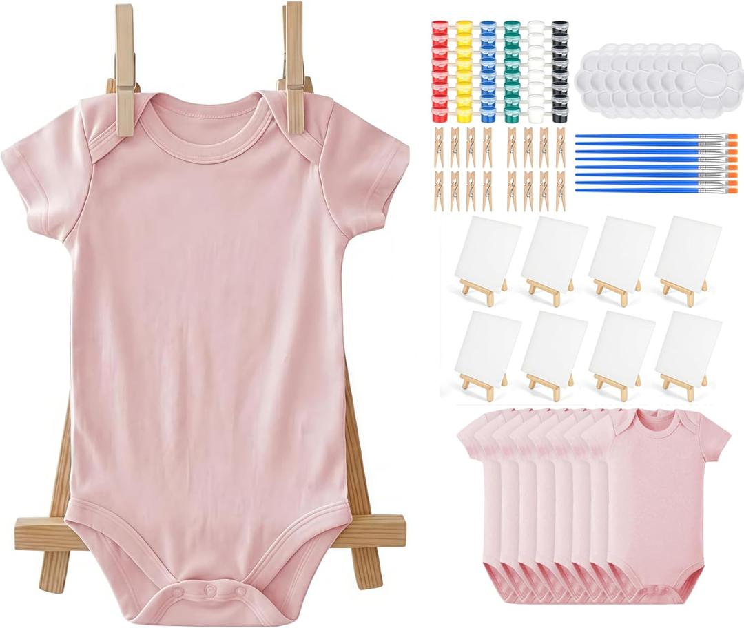 48 Pcs Pink Baby Shower Bodysuit Games Design with Wooden Easel Wooden Clothes Clamp Cotton Blank Bodysuit DIY for Baby Shower Games, Gender Reveal Decorations