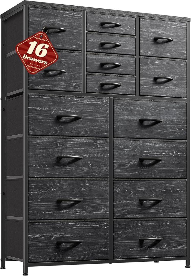 57H Tall Dresser for Bedroom with 16 Drawers,Fabric Dressers & chests of Drawers for Closet,Large Black Dresser with Sturdy Metal Frame, Wood Top,Entryway, Hallway