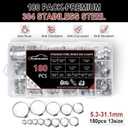 180PCS 13 Sizes Single Ear Hose Clamps, 5.3-31.1mm 304 Stainless Steel Single Ear Hose Clamp Kit, Cinch Clamp Rings Assortment Kit For Securing Pipe Hoses and Automotive Use