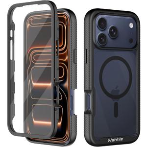 wahhle Compatible with iPhone 17 Pro Max Case, Magnetic Built in Screen Protector Full Body Shockproof Slim Fit Bumper Protective Phone Cover Men Women 6.9"-Black/Clear