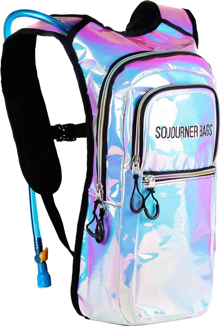 Sojourner Hydration Pack, Hydration Backpack - Water Backpack with 2l Hydration Bladder, Festival Essential - Rave Hydration Pack Hydropack Hydro for Hiking, Running, Biking, Festival Gear (Holographic - Blue)