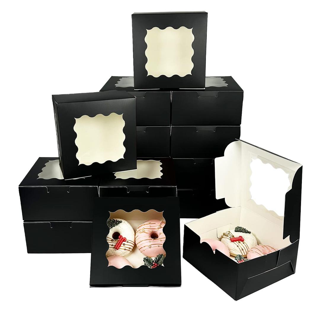 Bakepacker 60pcs Black Cookie Boxes 6x6x3 inches Easy Assemble Macaroon Pastry Boxes Bakery Boxes with Window for Bakery