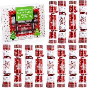12 Pack 10" Luxurious Red & White Snowflake Design Table Favors with Party Hat, Joke & Xmas Gift for Kids Christmas Parties & Holidays