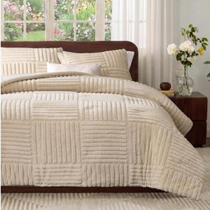 Amlie Home Queen Comforter Set with Stripe Jacquard Design in Khaki, Super Warm Fluffy Plush Bedding Set for Winter, 3 Pieces Including 1 Soft Comforter and 2 Pillowcases
