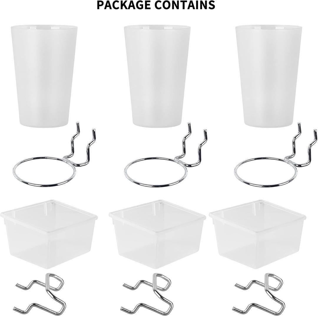 3 Pegboard Bins 3 Cups with Hooks Transparent