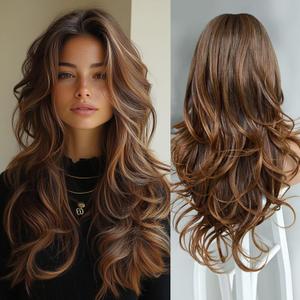 Aisaide Honey Blonde Long Layered Wig with Curtain Bangs for White Balck Women,Synthetic Highlight Honey Brown Mixed Blonde Layered Wig Wavy Shaggy for Women Daily 24inch