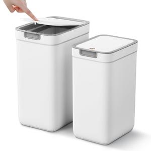 MOPALL 2 Pack Bathroom Can with Lid, 3.6Gal + 2.4Gal Garbage Can with Pop-Up Lid, Small Can Dog Proof, Slim  Bin Waste Basket for Toilet, Office, Bedroom, Living Room, Kitchen (White)