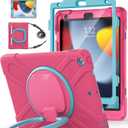 BATYUE for iPad 9th/ 8th/ 7th Generation Case (iPad 10.2 inch Rugged Case 2021/2020/2019) with Screen Protector, Rotating Stand/Pencil Holder/Carrying Shoulder Strap (Rose Red+Blue)