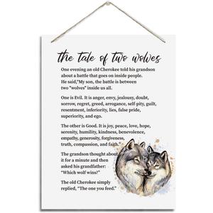 2 x Inspirational Wall Decor, Decorative Hanging Wood Signs, Farmhouse Wall Decor, Hanging Decor Sign for Home Office, Great Motivational and Inspirational Gift, The Tale of Two Wolves Sign (style 2)