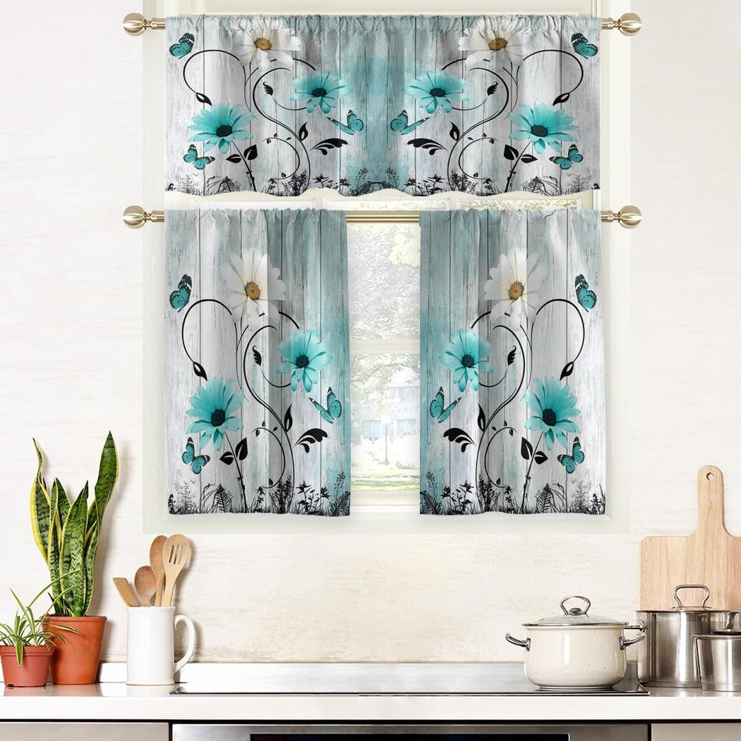 AAtter Teal Floral Kitchen Curtains and Valances Set 3 Piece Farmhouse Flower Vintage Rustic Country Butterfly Daisy Rod Pocket Small Short Tiers Living Room Bedroom Bathroom 52x18 inch + 26x36 inch*2