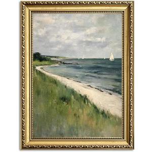 Gold Framed Coastal Wall Art Vintage Sailboat Beach Landscape Painting Nautical Ocean Wall Decor 3D Sandstone Textured Picture for Living Room Bedroom Farmhouse 16x24 Inch