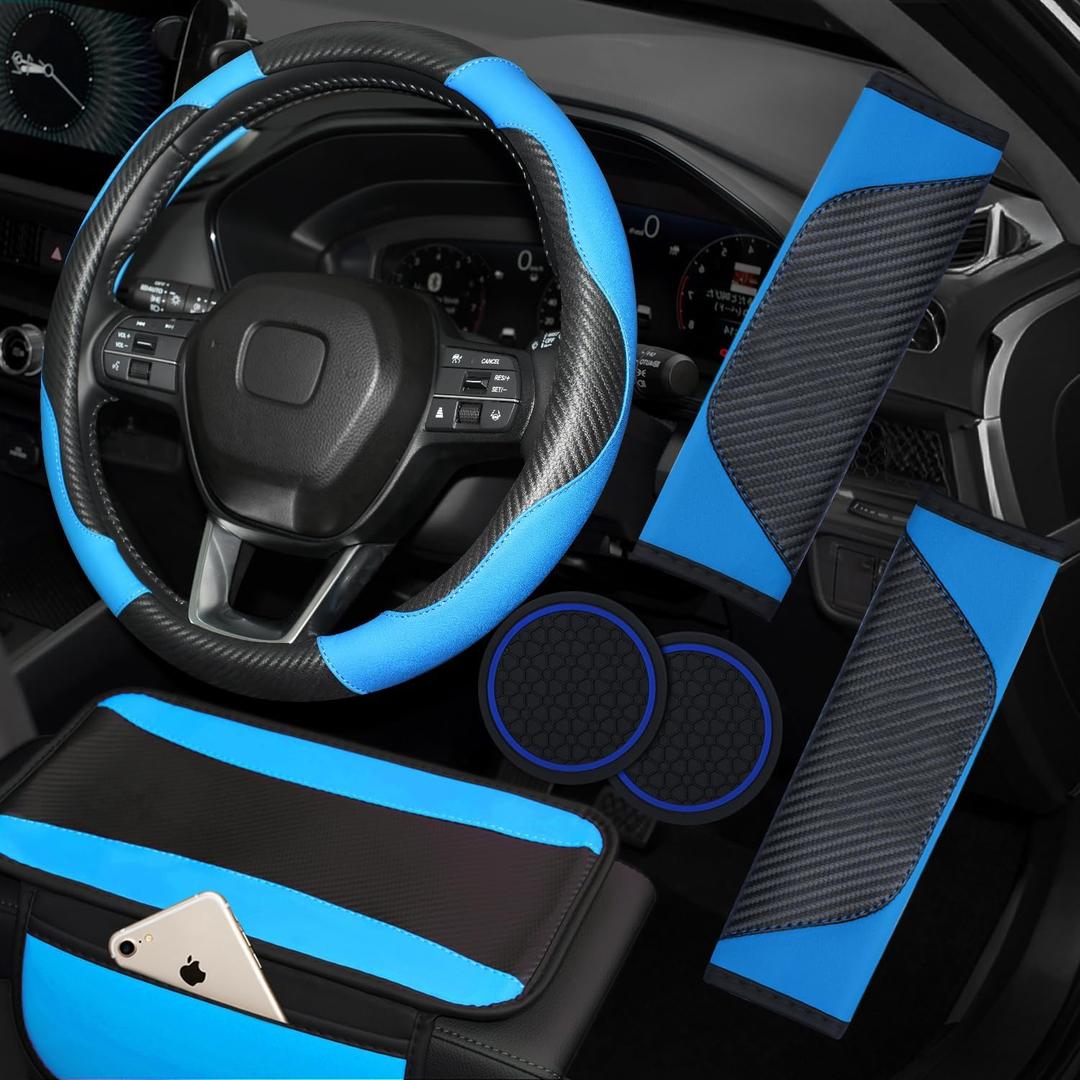 Hiseanllo 6PCS Blue Car Accessories Set, Carbon Fiber Microfiber Leather Steering Wheel Cover 14.5-15", Center Console Armrest Cover, Seat Belt Pads & Cup Holder Coasters, Universal Interior Decor