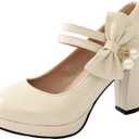 ForeMode Bow Mary Jane Shoes High Heels Closed Round Toe Pumps Leather Summer Sweet Shoe（Sand, 7.5）