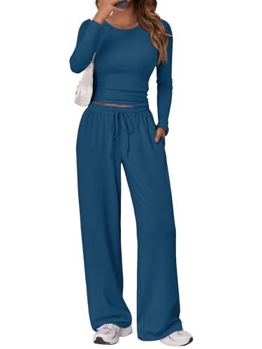 Trendy Queen Womens Two 2 Piece Matching Lounge Sets 2025 Early Fall Fashion Must Haves Y2K Workout Gym Clothes Comfy Airport Travel Vacation Luxury Outfits Sweatsuit Winter Clothing, Blue, Size S