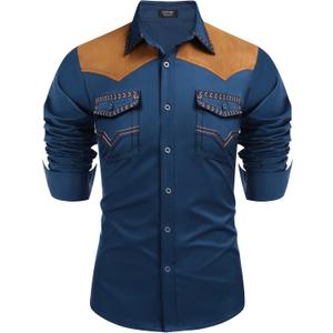 COOFANDY Men's Western Cowboy Shirt Embroidered Long Sleeve Slim Fit Casual Cotton Button Down Hippie Shirts with Pockets (Large, Blue)