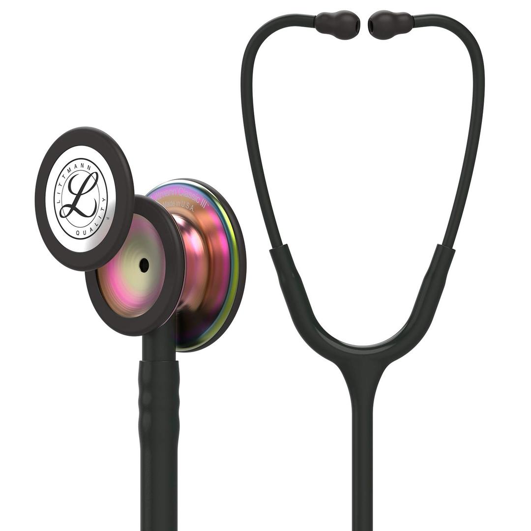 3M Littmann Classic III Monitoring Stethoscope, 5870, More Than 2X as Loud, Weighs Less, Stainless Steel Rainbow-Finish Chestpiece, 27" Black Tube, Stem and Headset