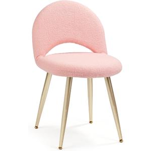 Vanity Chair with Adjustable Backrest, Boucle Upholstery Armless Makeup Stool, Pink Sherpa Vanity Stool with Gold Metal Legs for Bedroom Living Room Kitchen Dinning Room (Gold and Pink), Standard
