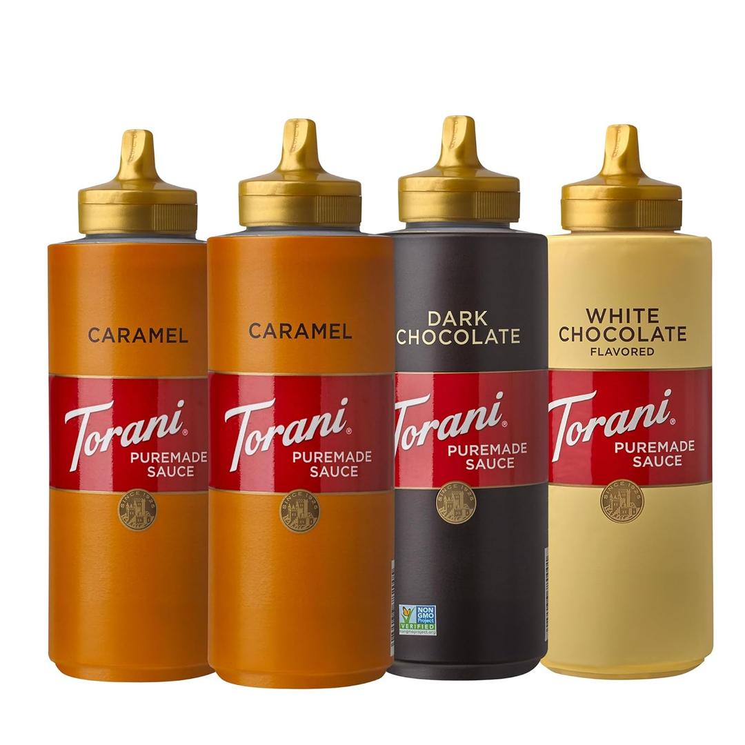 Torani Puremade Dessert & Drink Sauce Variety Pack, Dark Chocolate, White Chocolate & 2 Caramel, 16.5 fl oz (Set of 4) (BBD 30 JUN 2026)