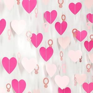 Hot-Pink Rose Gold Heart-Ring Garland - 52Ft Engagement Bachelorette Party Decorations Wedding Paper Streamers Banner, Galentines Proposal Decor Lasting Surprise