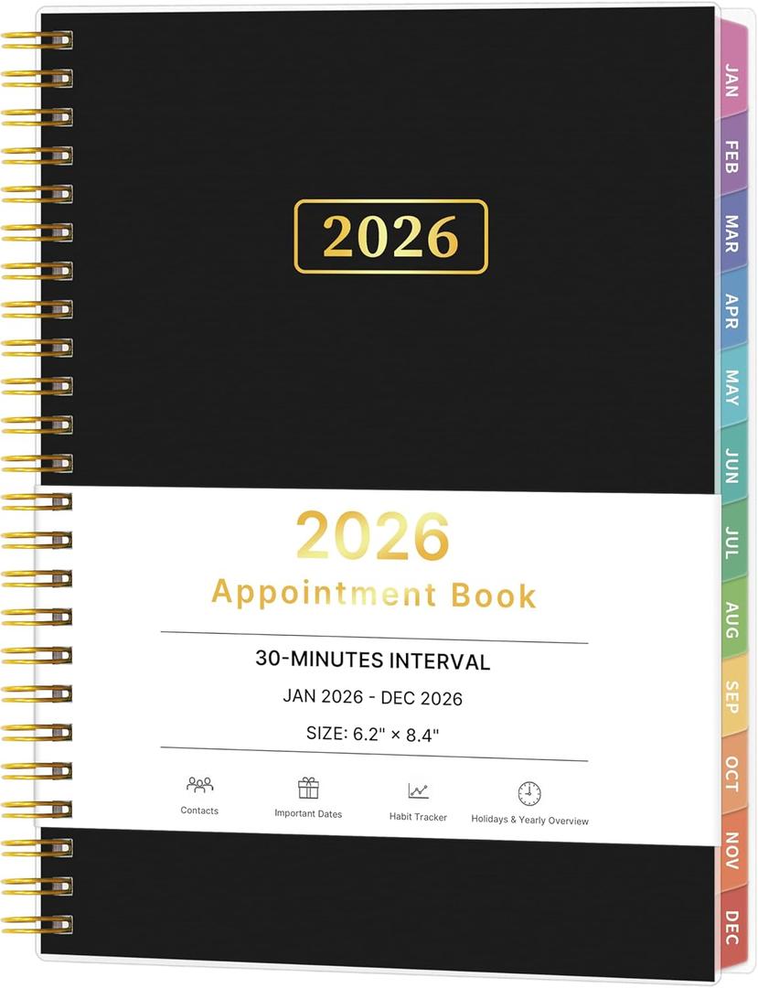 2026 Appointment Book, 30 Minutes-Hourly, Weekly  Monthly Calendar Planner 2026, Jan 2026 - Dec 2026, 6.2'' x 8.4'', 2026 Daily Planner with Tabs Pocket, Flexible Cover, Great for Office, Home, School (Black)