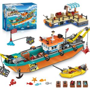 City Fishing Boat Wharf Building Set - Floatable Sea Fishing Ship Building Block Kit with Speedboat Crane Containers Exploration Boats Toy Birthday Gift for Kids Boys Girls 6 7 8 9 10+, 762PCS