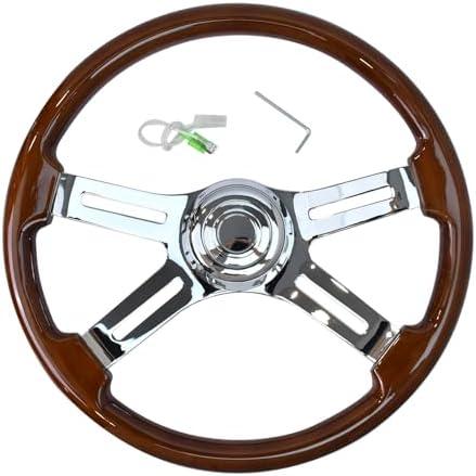 TIYPEOR 18'' Wooden Steering Wheel with 4 Spokes and 2'' Deep Plated Bracket, Modified Interior Accessory for Semi-Trailers, Compatible with Kenworth, Peterbilt, Volvo, Freightliner Trucks