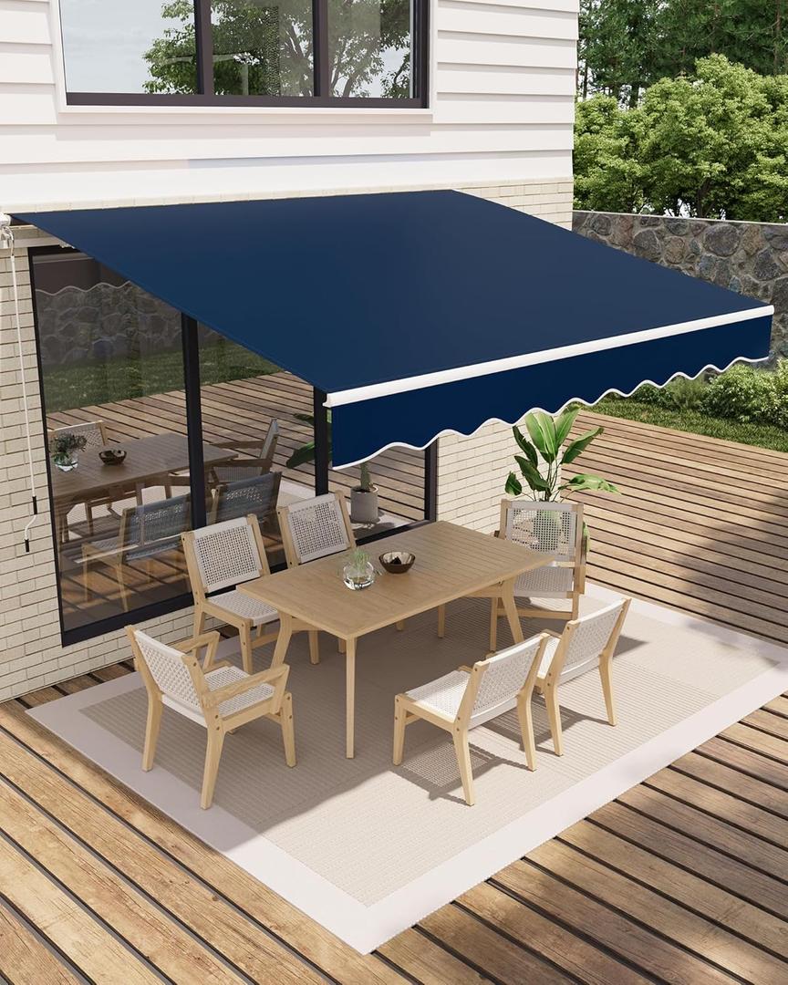 GarveeLife Retractable Awning, Waterproof Patio Awning, Sun Shade Awning with Manual Crank Handle, Aluminum Frame, 280 g/ Polyester Fabric, for Deck, Porch, Balcony (Blue, 13'x10')