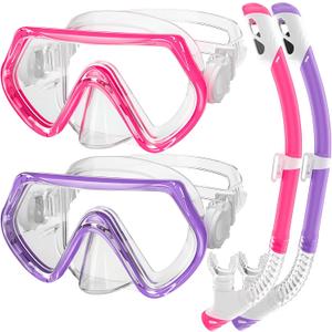 Snorkeling Gear for Kids, Kids Snorkel Set for Ages 3-14, Anti-Fog Diving Mask and Dry Top Snorkel Combo Set, Unisex Swimming Goggles (Purple+Pink)
