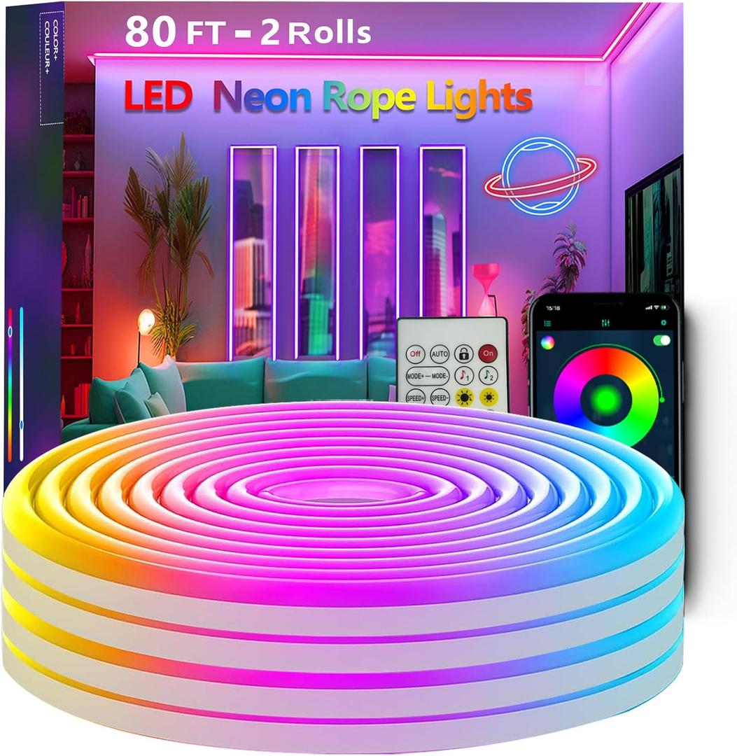 80FT Neon Rope Lights,Flexible Led Rope Light Control with App/Remote,Multiple Modes,Music Sync,IP65 Outdoor RGB Led Strip Lights Waterproof