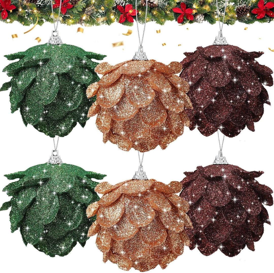 Threan 6 Pcs Christmas Ornaments Balls Glitter Pinecones Ornaments 3.15" Christmas Tree Decoration Hanging Flower Balls for Xmas Tree Wreath Holiday Crafts Home Decor (Bronze,Brown,Green)