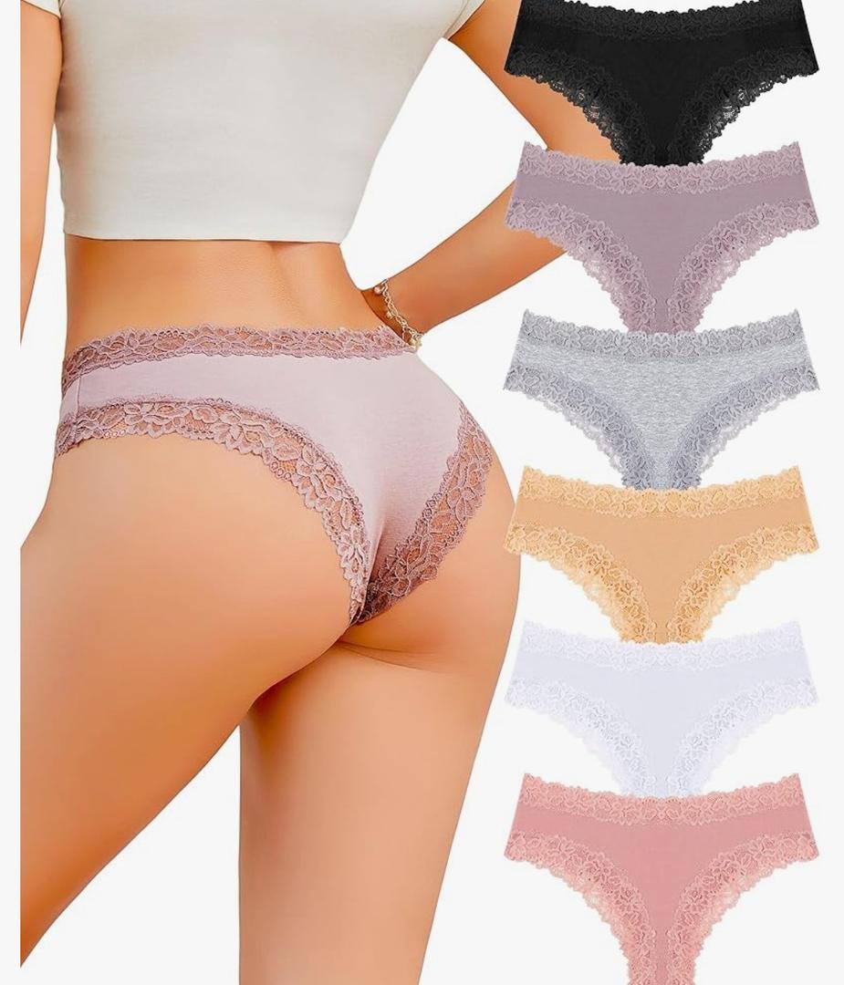 FINETOO Cotton Underwear for Women Sexy Panties Lace Hipster Low Rise Breathable Women's Cheeky 6 Pack XL