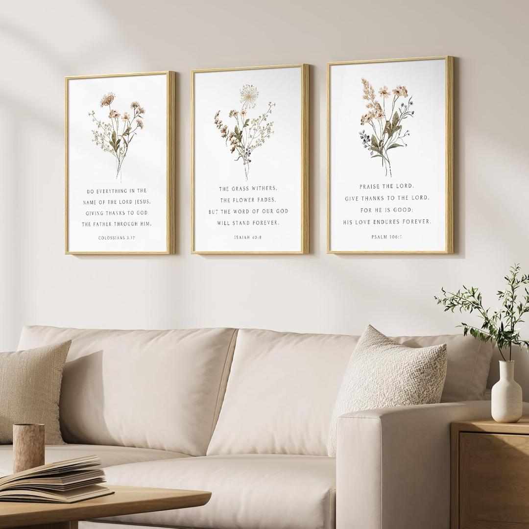 Framed Christian Scripture Wall Art Set of 3, Wildflower Floral Bible Verse Prints Inspirational Religious Quotes, Botanical Scripture Artwork Decor for Living Room Bedroom Prayer Room Teen Room, 12x16 Inch