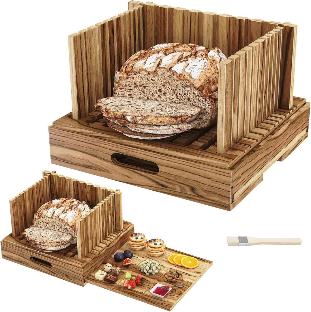 Acacia Wood Bread Slicer for Homemade Bread and Sourdough, Adjustable Width up to 10.4", 2-in-1 Bread Cutter with Pull-Out Serving Tray, Large Wide Capacity Bread Making Tool