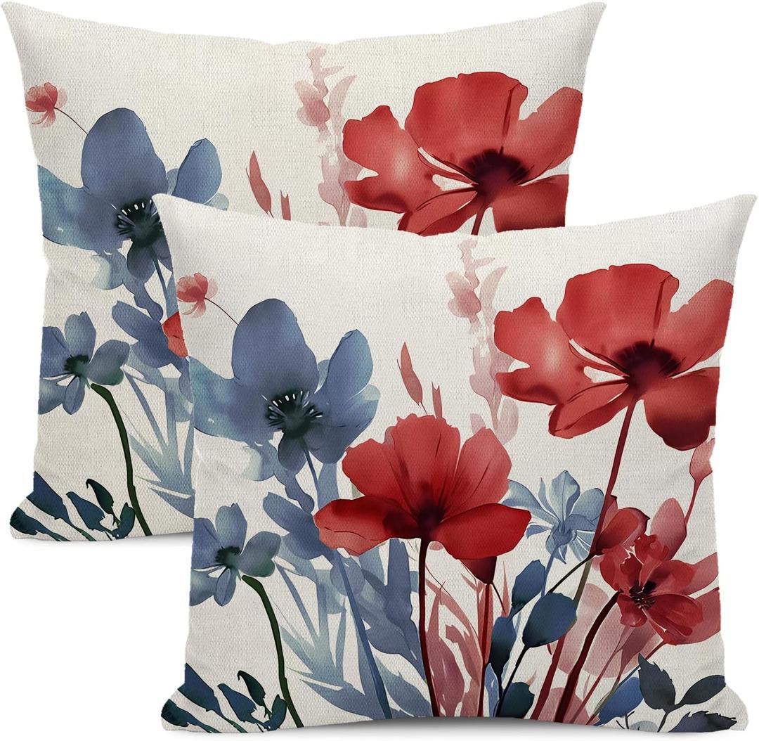 Floral Pillow Covers 18x18 Inches Set of 2 Independence Day Blue Red Floral Throw Pillow Covers Outdoor Rustic Summer Flower Decor Pillowcase Farmhouse Decorative Cushion Cover for Sofa Couch