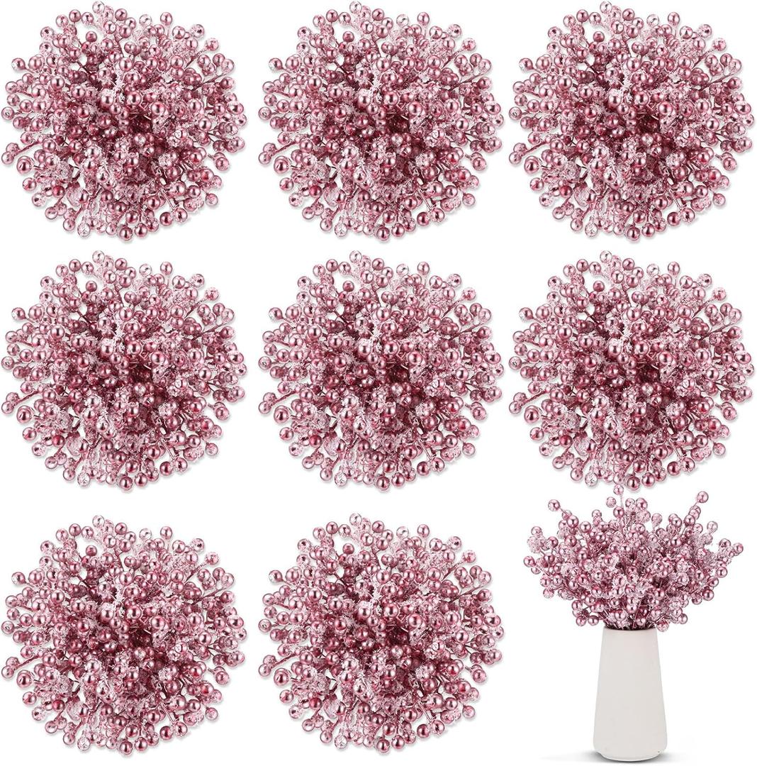 Censen 50 Pieces Artificial Holly Berry Stem Picks with Snowflake Frosted Christmas Tree Branches Fillers Ornaments Snowy Berry Twig Branches for Xmas Garland Wreath Winter Home Decor (Rose Gold)