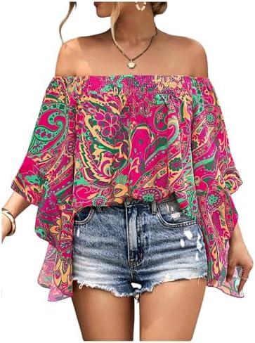 BEAUDRM Women's Y2K Floral Off Shoulder Blouse Boho Shirt Ruffle Half Bell Sleeve Blouses Shirred Vacation Beach Shirt Size Medium BEAUDRM Women's Y2K Floral Off Shoulder Blouse Boho Shirt Ruffle Half Bell Sleeve Blouses Shirred Vacation Beach Shirt Size Medium