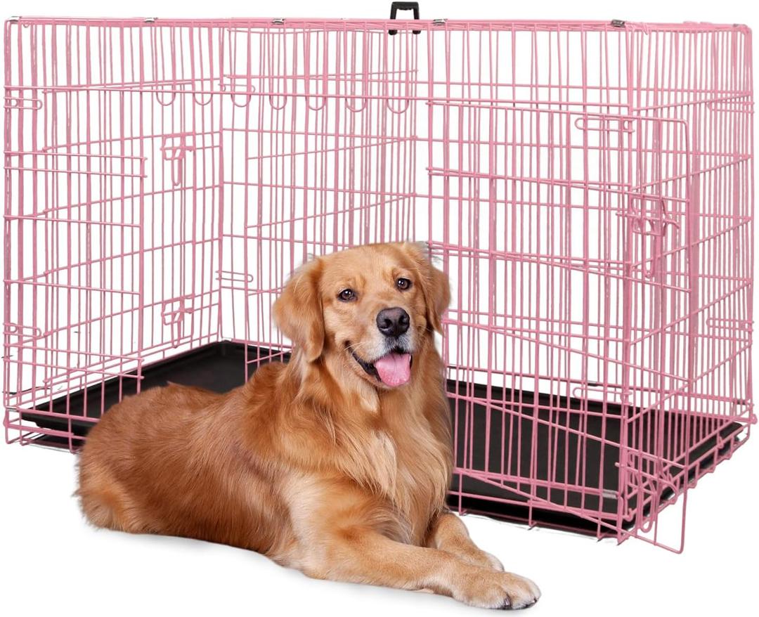 BestPet Dog Crate for Large Dogs,48 Inch Dog Kennel Outdoor with Double-Door,Folding Metal Pet Dog Cages with Divider Panel, Tray and Handle,Pink