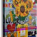 Banksy Graffiti Canvas Sunflower Wall Art Framed Vintage Flower Pictures Boho Love Angel Heart Money Diamond Kitchen Decor For Living Room Bedroom Home Office Artwork Ready To Hang (12x16 Inches) (16L" x 12W")