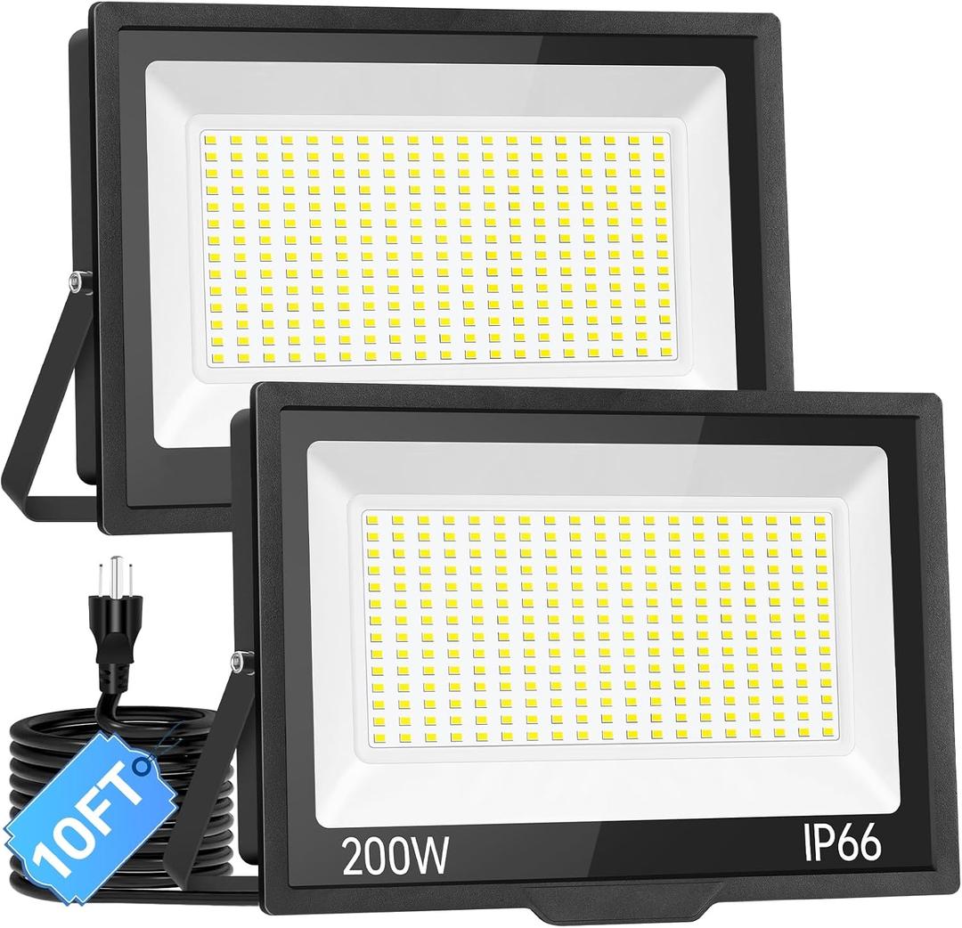 ISUERFY 200W LED Flood Light Outdoor with Plug, 24000Lm Super Brighter Security Light, IP66 Waterproof LED Worklight, 5000K Daylight White Exterior Floodlight for Yard Garden Garage Stadium(2 Pack)