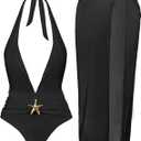 Womens One Piece Swimsuits with Cover Up Halter Backless Summer Beach Vacation Party Sexy V Neck Starfish Bathing Suit (Small, Black)
